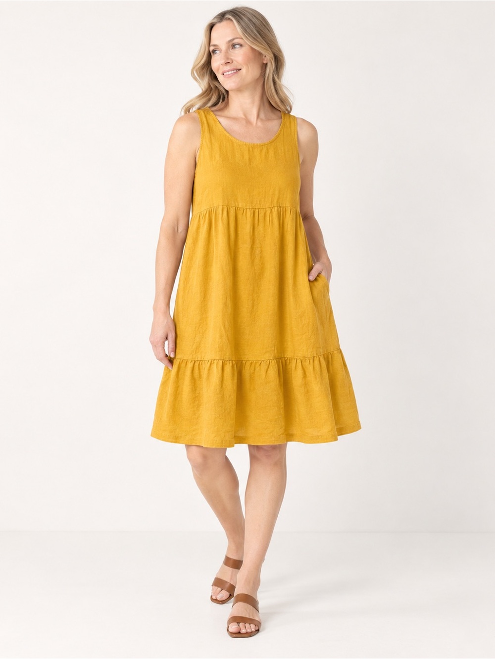 Croft & Barrow Petite Large Mustard Linen Blend Tiered Swing Dress